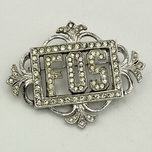 Vintage ORA FOS Rhinestone Brooch Silver Tone Initial Letter Monogram Pin